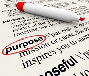 Purpose word definition circled on a dictionary page to illustrate a deliberate or intentional act, or your goal, mission or objectve in work, career or life